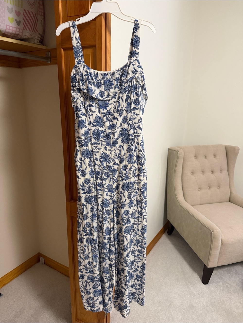 LOFT White and Blue Floral Maxi Jumpsuit